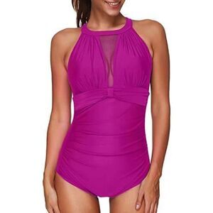 Tempt Me Size Large Elegant Tummy Control Mesh Plunge Neck One Piece Swimsuit